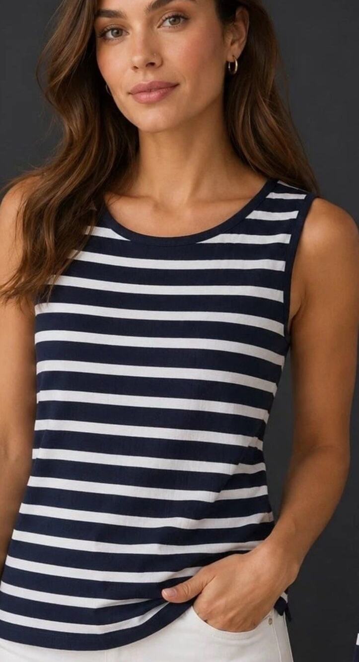 NWT Talbots Women's Medium Navy and White Striped Ribbed Sleeveless Tank Top